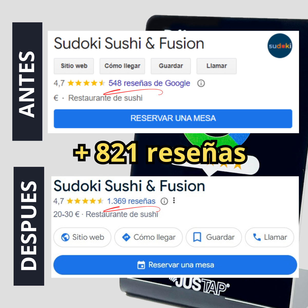 Stand acrílico JUSTAP® con NFC para reseñas de Google